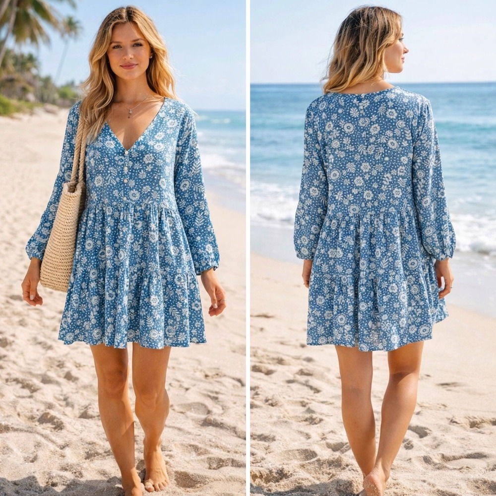 Beach Lunch Lounge Boho Beachy Blue Floral Tiered Mini Dress Long Sleeve Large